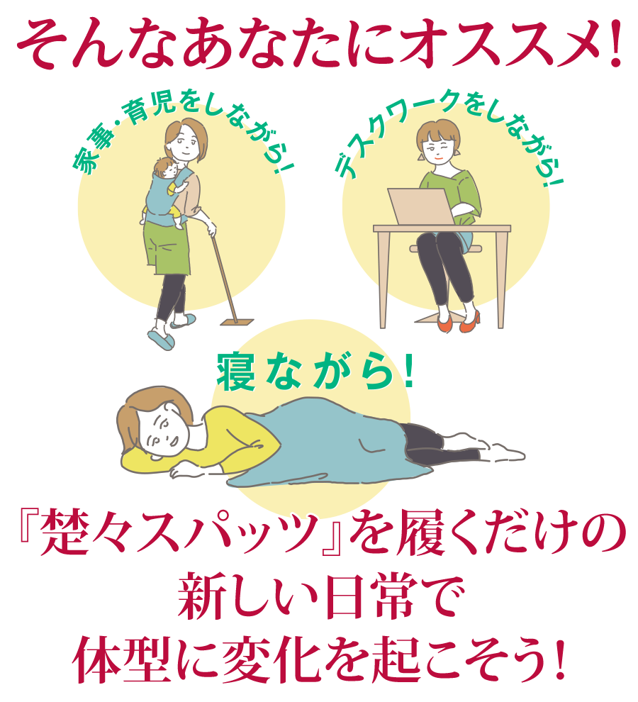 そんなあなたにオススメ！

家事・育児をしながら！
デスクワークをしながら！
寝ながら！

『楚々スパッツ』を履くだけの新しい日常で体型に変化を起こそう！